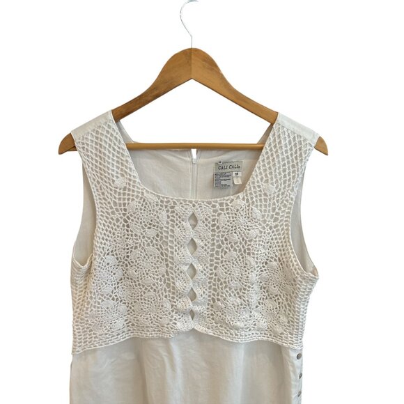 White Crochet Top Linen Midi Dress By Cali Cali Petite Size 14 With Side Button - Picture 3 of 7